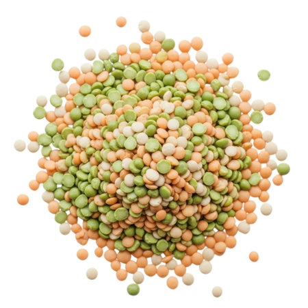 A top-down view of a pile of dried split peas in various shades of green and orange, isolated on a white background.の素材
