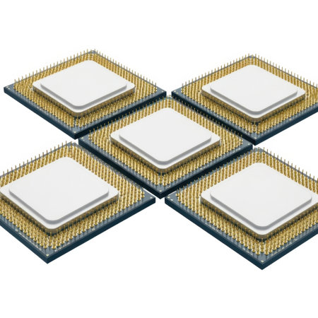 A group of five computer processors are neatly arranged in a diamond formation, presented on a clean white background.の素材