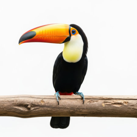 A striking toucan with a prominent orange and red beak is presented against a clean white background.の素材