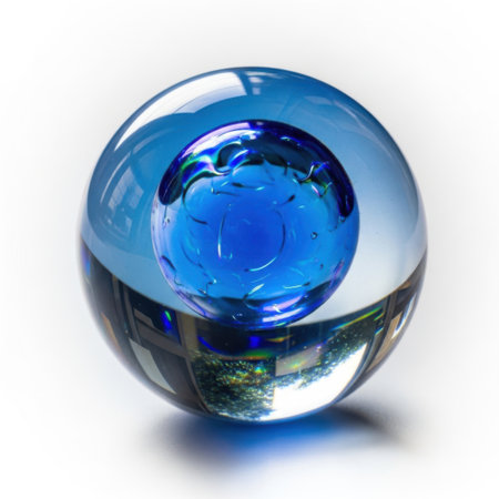 A single, transparent glass orb with a captivating blue liquid vortex at its core, presented on a clean white background.の素材