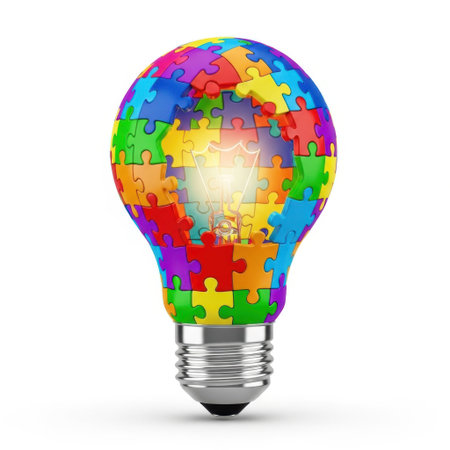 A unique light bulb constructed from vibrant puzzle pieces, representing a brilliant idea or concept, presented on a clean white background.の素材