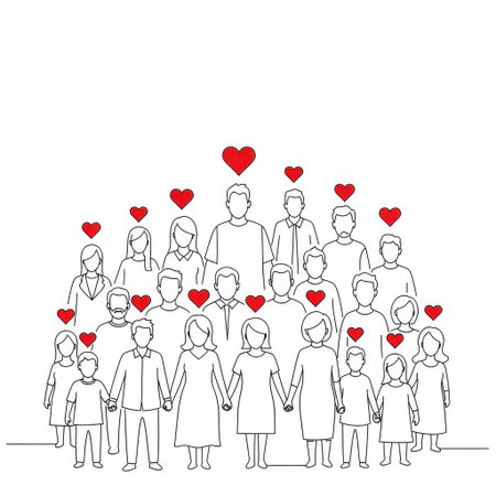 A line drawing depicts a collection of diverse figures holding hands, with red hearts floating above their heads, presented isolated on a white background.の素材