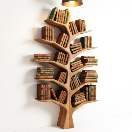 A creative wooden bookshelf designed like a tree, fully stocked with numerous books, presented isolated on a white background.の素材