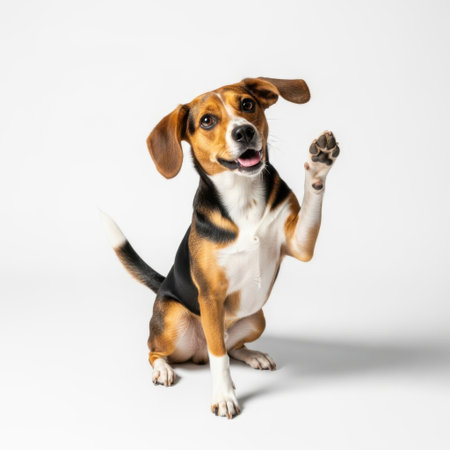 A charming Beagle dog sits attentively, raising one paw as if to say hello or ask a question, presented on a clean white background.の素材