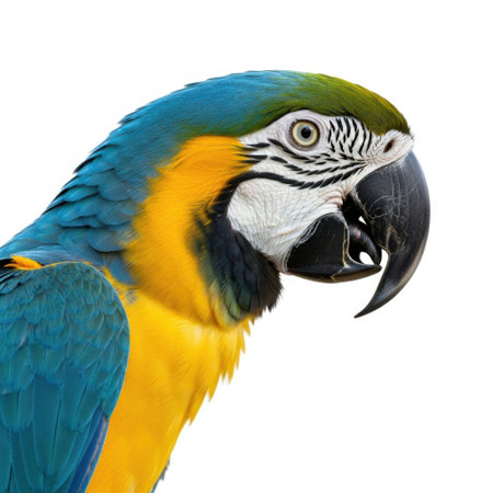 A striking blue and yellow macaw parrot is presented in a close-up profile view against a pure white background.の素材