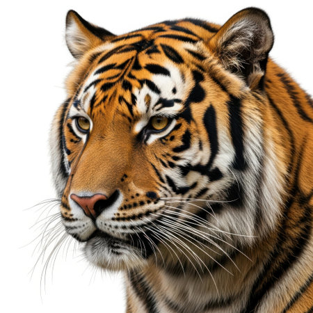 A close-up portrait of a Bengal tiger's head, showcasing its distinctive stripes and intense gaze, presented isolated on a clean white background.の素材