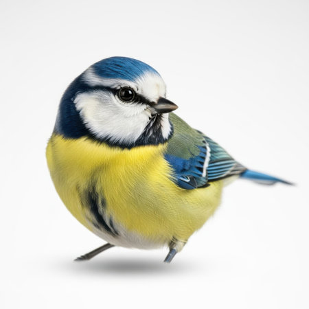 A detailed studio shot of a small blue tit bird with bright yellow plumage and striking blue head markings, presented on a plain white background.の素材
