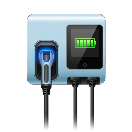 A contemporary electric vehicle charging station featuring a glowing connector and a visible battery charge indicator, presented isolated on a white background.の素材