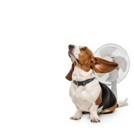 A Basset Hound dog sits with its head tilted back, ears flapping in the airflow from a fan, all isolated on a white background.の素材