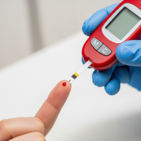 A gloved hand holds a glucose meter, collecting a blood sample from a fingertip for measurement, presented isolated on a white background.の素材
