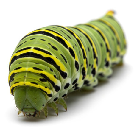 A detailed view of a segmented green caterpillar featuring striking black and yellow markings, presented isolated on a white background.の素材