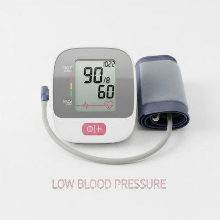 A digital blood pressure monitor displays a low reading of 90 over 60, with its cuff connected, isolated on a clean white background.の素材