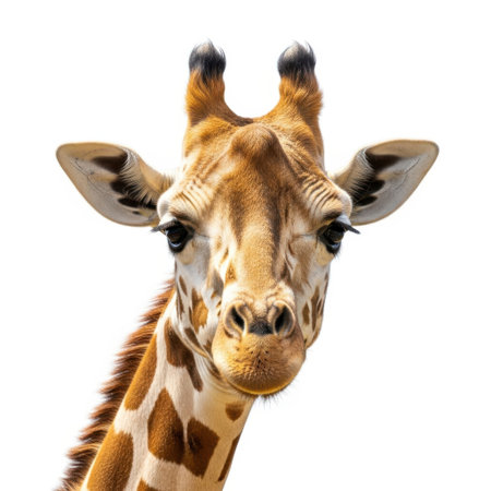 A detailed view of a giraffe's face and patterned coat, presented isolated on a clean white background.の素材
