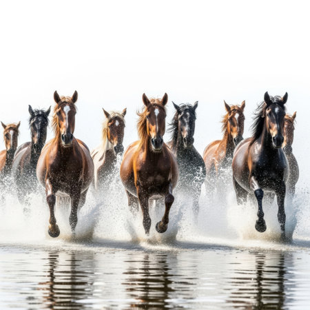 A group of diverse horses splashes through water, their powerful forms captured in motion against a clean white background.の素材