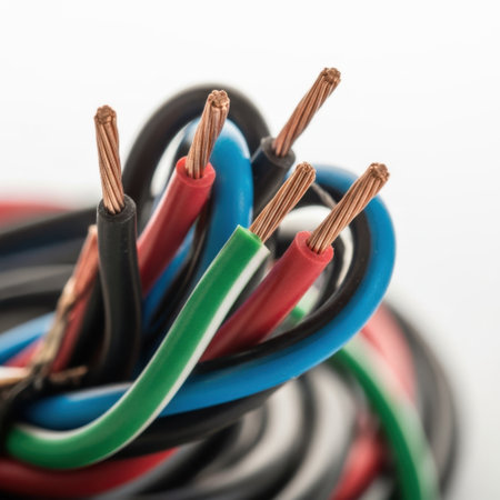 A detailed view of multiple electrical wires in various colors, with their copper cores exposed, presented on a clean white background.の素材