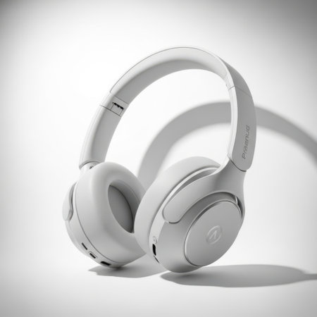 A pair of sleek, modern wireless headphones with comfortable earcups and a flexible headband, presented on a clean white background.の素材