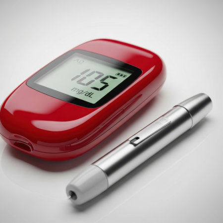 A close-up view of a red blood glucose meter displaying a reading and a silver lancet device, both isolated on a white background.の素材