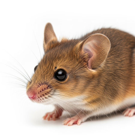 A close-up view of a tiny rodent with soft fur, showcasing its delicate paws and pointed snout, presented on a plain white background.の素材