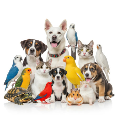 A vibrant assortment of companion animals such as dogs cats parrots a duck and a turtle are presented isolated on a clean white background.の素材