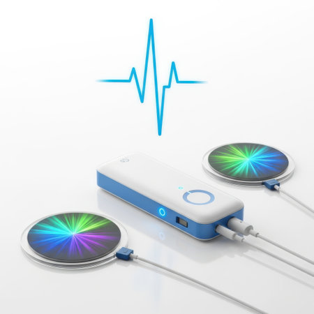 A white and blue electronic gadget is connected to two circular illuminated pads, with a vital signs waveform graphic above, all isolated on a white background.の素材