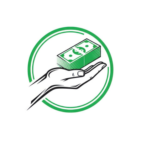 A stylized drawing of an open hand presenting a wad of cash, presented cleanly on a white background.の素材