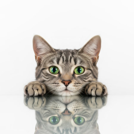 A domestic tabby cat with bright green eyes is presented isolated on a clean white background, showcasing its reflection.の素材