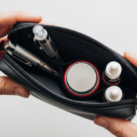 A close-up view of a black cosmetic bag containing various beauty items, presented isolated on a clean white background.の素材