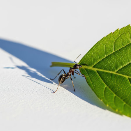 A single ant is captured in sharp focus, struggling to move a large green leaf across a stark white surface.の素材