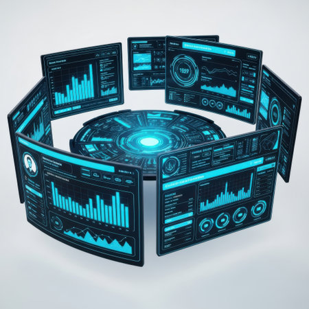 A circular arrangement of advanced digital displays showcasing complex charts and graphs, all presented on a clean white background.の素材