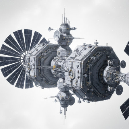 A detailed futuristic space station with large solar arrays and complex modules, presented isolated on a white background.の素材