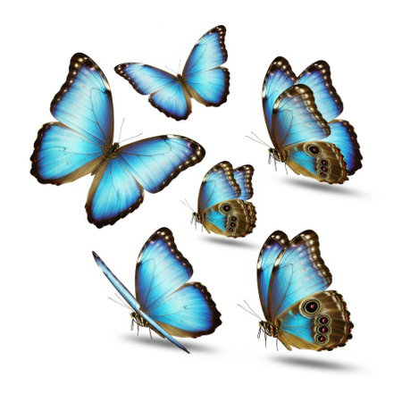 A vibrant cluster of several blue Morpho butterflies, showcasing their detailed wing textures, presented clearly on a plain white background.の素材