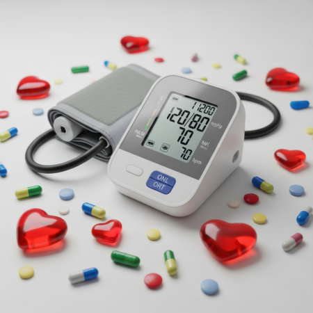 A digital blood pressure monitor is displayed with heart shaped candies and various pharmaceutical pills scattered around it on a plain white background.の素材