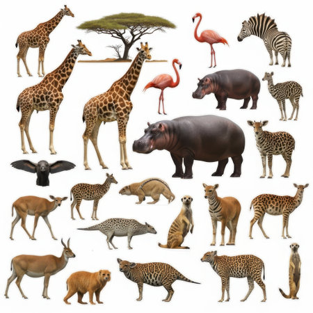 A vibrant assortment of African fauna is presented against a clean white background, showcasing a variety of species.の素材