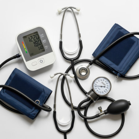 A collection of vital signs monitoring equipment, including stethoscopes and blood pressure monitors, presented isolated on a white background.の素材