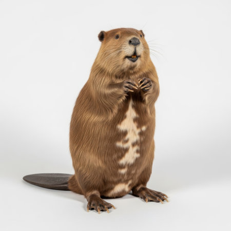 A full body view of a North American beaver standing upright with its paws clasped in front of its chest, presented isolated on a white background.の素材