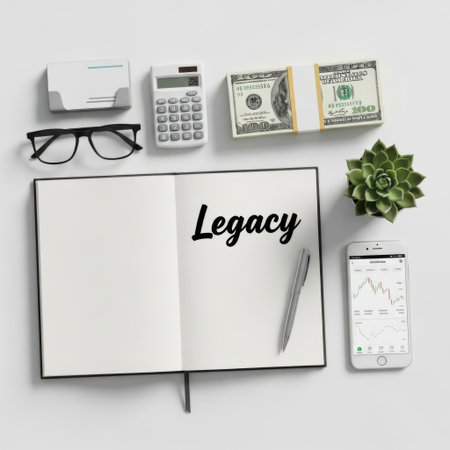 A collection of financial and planning tools, including a notebook with the word 'Legacy' written inside, are presented isolated on a white background.の素材