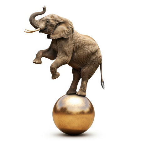 A detailed sculpture of an African elephant performing a balancing act on a shiny golden sphere, presented against a clean white background.の素材