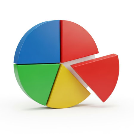 A vibrant wooden toy sphere is segmented into four distinct colored sections, with one piece lifted away, all presented on a clean white background.の素材