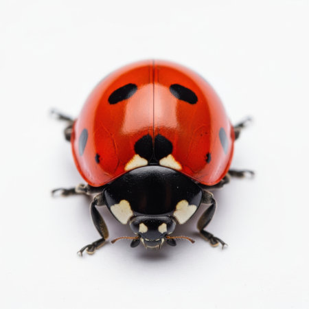 A detailed macro view of a vibrant red ladybug with distinct black markings, presented clearly on a plain white background.の素材