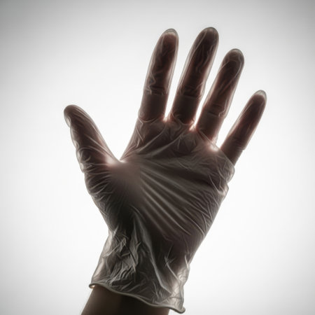 A clear latex glove is shown with its five fingers extended, isolated on a bright white background.の素材