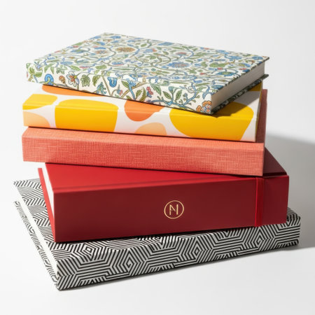 A vertical arrangement of five distinct hardcover books, each featuring unique and vibrant cover designs, presented isolated on a clean white background.の素材