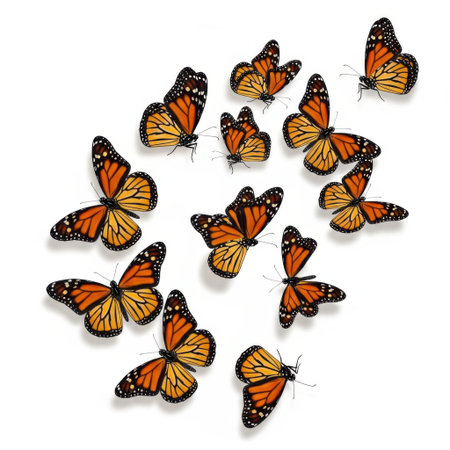 A scattering of monarch butterflies, showcasing their vibrant orange and black patterned wings, presented cleanly on a white background.の素材