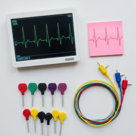 A medical electrocardiogram machine screen displays a heart rhythm alongside a sticky note showing a similar waveform, with electrodes and cables arranged nearby, all isolated on a white background.の素材