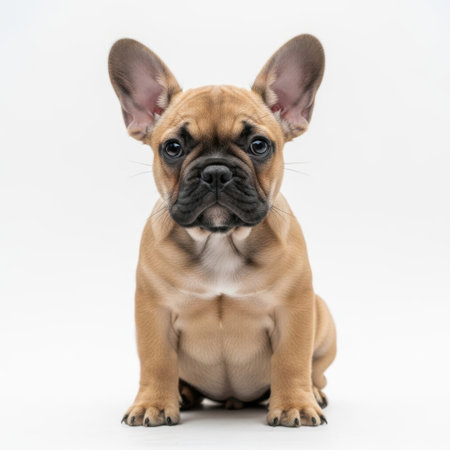 A charming fawn French Bulldog puppy sits attentively, its distinctive large ears prominent against a clean white background.の素材