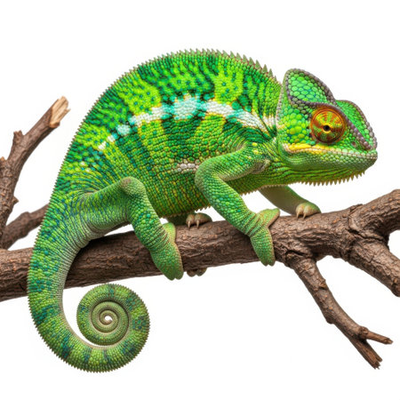 A detailed view of a bright green chameleon with its tail curled, resting on a branch against a plain white background.の素材