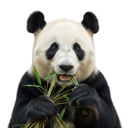 A close-up portrait of a giant panda consuming fresh bamboo stalks, presented on a clean white background.の素材