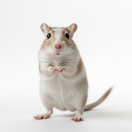 A gerbil is captured standing upright on its hind legs, showcasing its delicate paws and attentive gaze against a clean white background.の素材