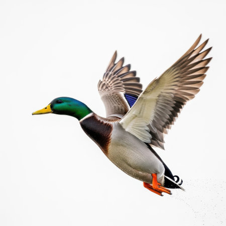 A male mallard duck is captured in motion, flying with its wings fully spread against a clean white background.の素材