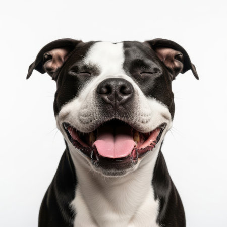 A close-up portrait of a black and white Boston Terrier dog with its eyes squeezed shut and its pink tongue lolling out, appearing very happy, isolated on a white background.の素材