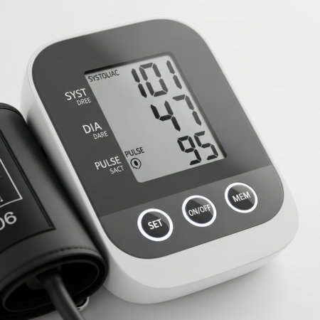 A close-up view of a modern digital blood pressure monitor with its cuff attached, displayed on a clean white background.の素材